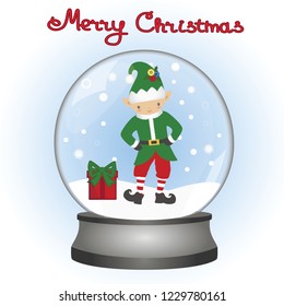 Christmas card. Christmas Elf in a snow globe. A toy. Christmas decoration. Vector illustration