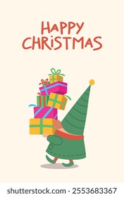 Christmas card. Christmas Elv with Christmas gifts. With the inscription Merry Christmas. Card design.