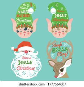 Christmas card with elves, Santa and reindeer. Vector illustration. 