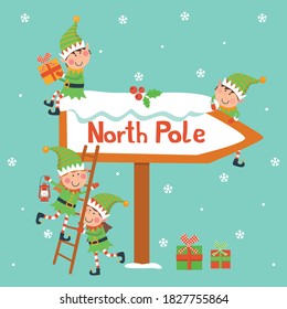 Christmas card with elves. Vector illustration.