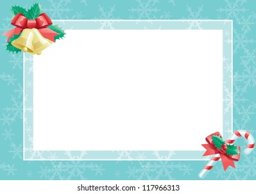 Christmas card with empty blank for text. Vector christmas card with gold hand bells, red bow, christmas candy cane, holly decoration and empty blank for text.