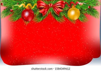 Christmas card with empty red paper and fir branches with bow and balls. Vector illustration.