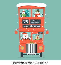Christmas card with English double Decker bus , Santa, deer, snowman, tree and penguin. Vector illustration.