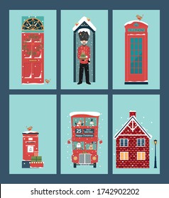 Christmas card with English symbols : Double Decker, telephone, cottage, Guardsman,  post box. Vector illustration. 
