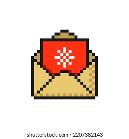 Christmas card in an envelope icon in pixel art design isolated on white background, Christmas and New Year vector sign symbol.