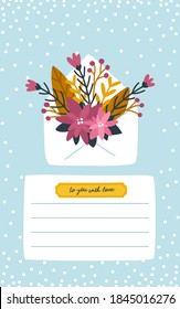 Christmas card envelope with winter flowers and branches. Template for text. Cute vector illustration in a hand-drawn Scandinavian style. The limited pastel palette for any print