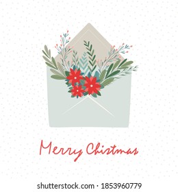 Christmas card envelope with winter flowers and branches, wish of Merry Christmas. Cute vector illustration in doodle style. A modern pastel palette for any print