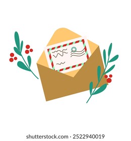 Christmas Card with Envelope. Xmas Craft Mail, Winter Correspondence. Cute Cartoon Vector Illustration.