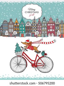 Tarjeta de Navidad. Casas de color europeo y perro Dachshund en la bicicleta en invierno. Ilustración vectorial.