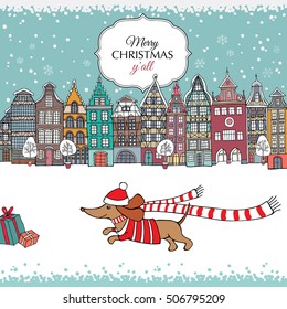 Christmas card. European color Houses and dog Dachshund in the winter. Vector illustration.
