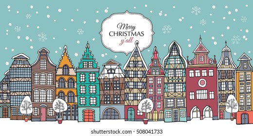 Christmas card. European multi-family color Houses in the winter. Vector illustration.