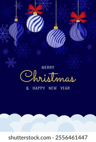 Christmas card or event invitation template on blue background. Merry Christmas and Happy New Year. Christmas tree balls and snowflakes Vector