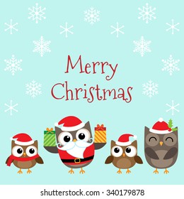 Christmas card with family of cute owls