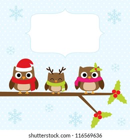 Christmas Card With Family Of Owls.