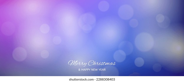 Tarjeta navideña con un efecto bokeh borroso de luz morado con luces circulares borrosas y la inscripción Feliz Navidad y Feliz Año Nuevo. Ilustración del vector