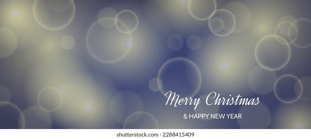 Tarjeta navideña con un efecto bokeh borroso oscuro de fondo con luces borrosas circulares y la inscripción Feliz Navidad y Feliz Año Nuevo. Ilustración del vector
