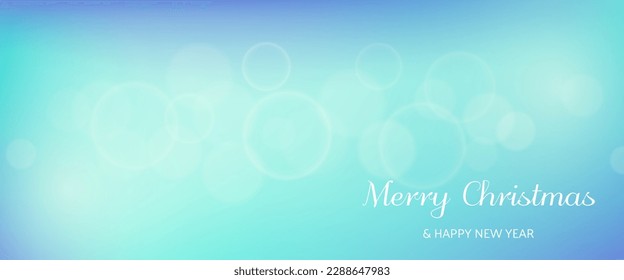 Christmas card featuring a blurred bokeh light effect blue background with circular blur lights and the inscription Merry Christmas and Happy New Year. Vector illustration