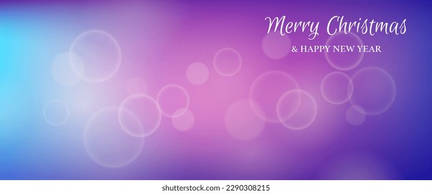 Christmas card featuring a blurred bokeh light effect purple background with circular blur lights and the inscription Merry Christmas and Happy New Year. Vector illustration