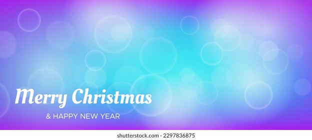 Christmas card featuring a blurred bokeh light effect blue background with circular blur lights and the inscription Merry Christmas and Happy New Year. Vector illustration