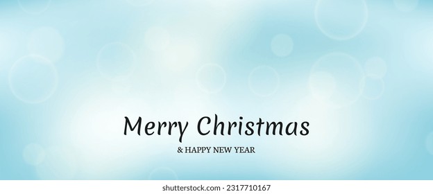 Christmas card featuring a blurred bokeh light effect blue background with circular blur lights and the inscription Merry Christmas and Happy New Year. Vector illustration