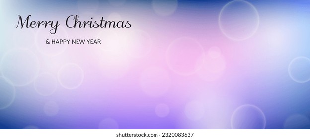 Christmas card featuring a blurred bokeh light effect violet background with circular blur lights and the inscription Merry Christmas and Happy New Year. Vector illustration