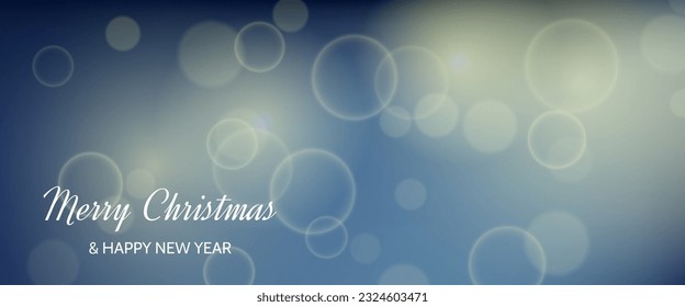 Christmas card featuring a blurred bokeh light effect blue background with circular blur lights and the inscription Merry Christmas and Happy New Year. Vector illustration