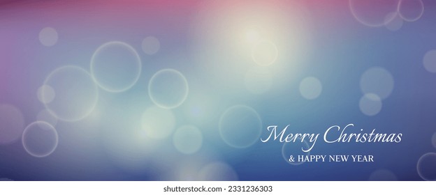 Christmas card featuring a blurred bokeh light effect dark background with circular blur lights and the inscription Merry Christmas and Happy New Year. Vector illustration