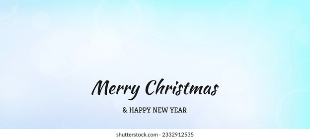 Christmas card featuring a blurred bokeh light effect blue background with circular blur lights and the inscription Merry Christmas and Happy New Year. Vector illustration