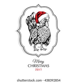 Christmas card featuring the character of the year of the Rooster in a Santa's hap. Vector illustration.