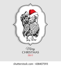 Christmas card featuring the character of the year of the Rooster in a Santa's hat. Vector illustration.