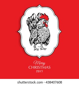 Christmas card featuring the character of the year of the Rooster in frame on red background. Vector illustration.