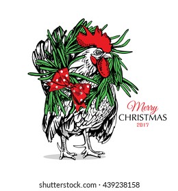 Christmas card featuring the character of the year of the Rooster with a wreath. Vector illustration.