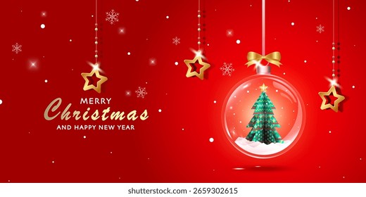Weihnachtskarte mit einem geometrischen Baum in einem hängenden Glasornament, goldenen Sternen und Schneeflocken auf rotem Hintergrund. Ein festliches, modernes Design, perfekt für Urlaubsgrüße und Dekoration.