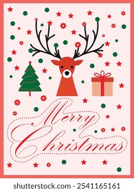 Christmas card featuring a reindeer head with antlers, a decorated Christmas tree, and a wrapped gift. Green and red polka dots and snowflakes, with "Merry Christmas" elegantly written at the bottom.