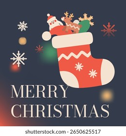 A Christmas card featuring a reindeer and Santa Claus inside a Christmas stocking, surrounded by snowflakes and colorful light halos.