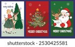 Christmas card featuring Santa Claus, Christmas tree with ornaments, girl, and reindeer in 1950s style. greeting card template. Vector illustrations for background, greeting card, party invitation