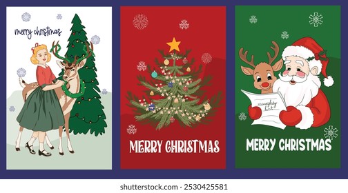 Christmas card featuring Santa Claus, Christmas tree with ornaments, girl, and reindeer in 1950s style. greeting card template. Vector illustrations for background, greeting card, party invitation