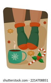 A Christmas card with the feet of a young woman in warm socks, a cup of coffee or tea, a lollipop stick. The concept of a holiday and rest. Vector illustration