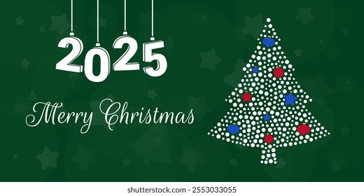 A Christmas card with a festive decoration. A Christmas tree made of dots and toys. Vector illustration for xmas, holiday, greeting card, website, brochure, flyer, social media. New Year template.