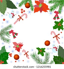 Christmas card with festive decorations: balls, snowflakes, candies, snowmans and leaves mistletoe, poinsettia.