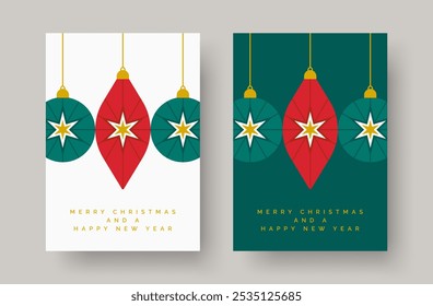 Christmas Card with Festive Decorations. Merry Christmas Greeting Card with Bauble Decoration Illustrations and Gold Text. Festive Design Template for Greeting Card, Holiday Cover, Poster, Background