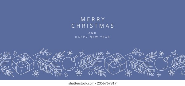 Christmas card. Festive decorative border. Seamless pattern with cute doodle style design elements. Winter vector horizontal background with  New Year and Christmas icons in line style