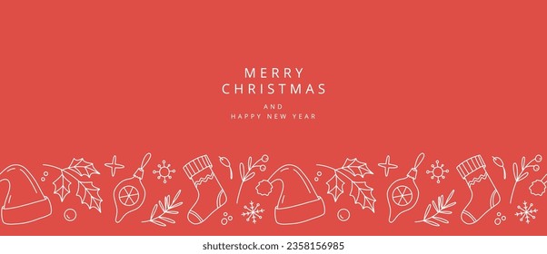 Tarjeta de Navidad. Borde decorativo festivo. Patrón sin brillo con elementos de diseño de estilo doodle lindo. Fondo horizontal del vector de invierno con iconos de Año nuevo y Navidad en estilo de línea