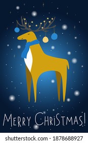 Christmas card with festive deer in a scarf and Christmas balls on a dark blue background. Vector illustration for a greeting card and poster for Christmas and New Year