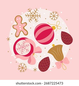 Tarjeta de Navidad. Diseño festivo con Elementos de Navidades. Ilustración dibujada a mano de moda para el Anuncio de la temporada, cartel, cubierta. Ilustración vectorial. 