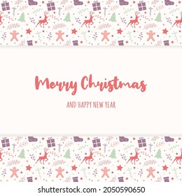 Christmas card with festive ornaments and wishes. Vector