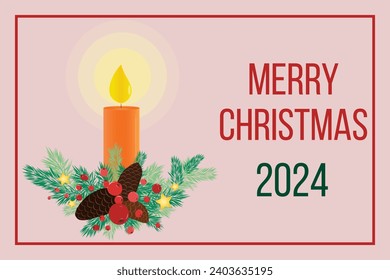 Christmas card with festive red candle in green spruce branches with red berries and greeting text. For holiday. Vector. Horizontal