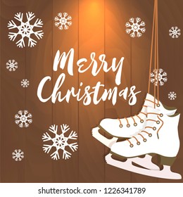 Christmas card with figure ice skates and snowflakes on a wooden background. Vector cartoon illustration