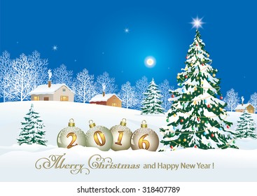 Christmas card with fir and balls in a landscape