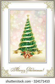 Christmas card with fir and bells.